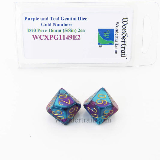 WCXPG1149E2 Purple Teal Gemini Dice Gold Numbers Perc D10 16mm Pack of 2 Main Image
