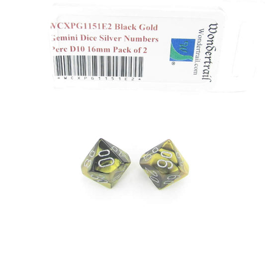 WCXPG1151E2 Black Gold Gemini Dice Silver Numbers Perc D10 16mm Pack of 2 Main Image