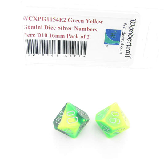 WCXPG1154E2 Green Yellow Gemini Dice Silver Numbers Perc D10 16mm Pack of 2 Main Image