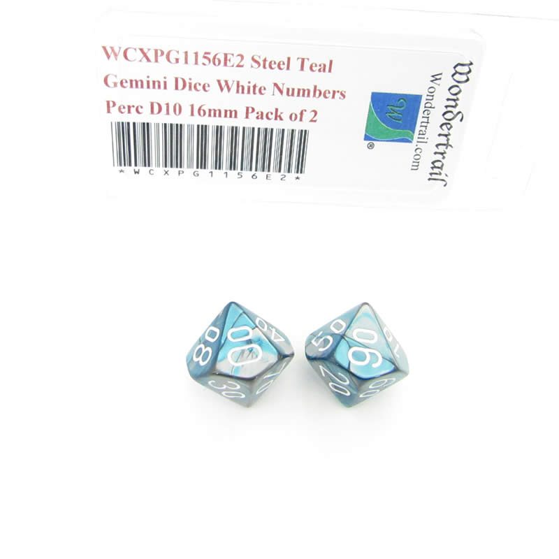 WCXPG1156E2 Steel Teal Gemini Dice White Numbers Perc D10 16mm Pack of 2 Main Image