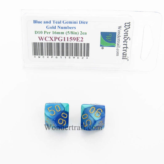 WCXPG1159E2 Blue Teal Gemini Dice Gold Numbers Perc D10 16mm Pack of 2 Main Image