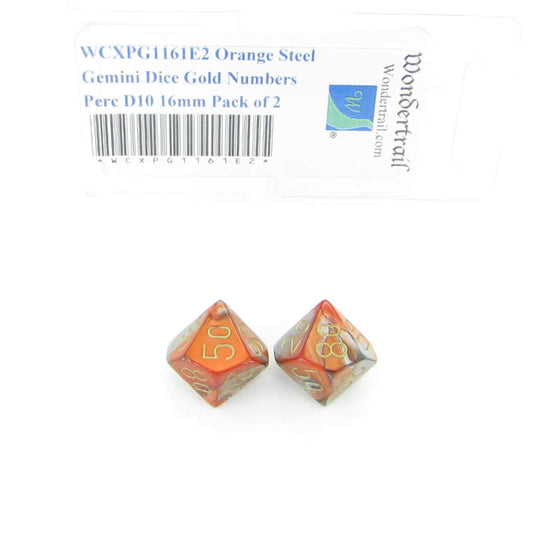 WCXPG1161E2 Orange Steel Gemini Dice Gold Numbers Perc D10 16mm Pack of 2 Main Image