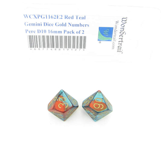 WCXPG1162E2 Red Teal Gemini Dice Gold Numbers Perc D10 16mm Pack of 2 Main Image