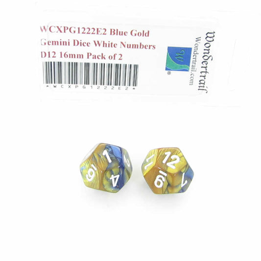 WCXPG1222E2 Blue Gold Gemini Dice White Numbers D12 16mm Pack of 2 Main Image