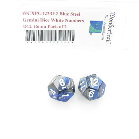 WCXPG1223E2 Blue Steel Gemini Dice White Numbers D12 16mm Pack of 2 Main Image