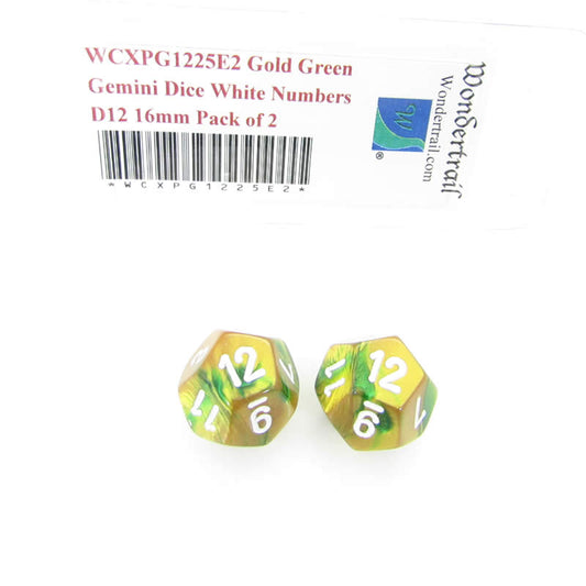 WCXPG1225E2 Gold Green Gemini Dice White Numbers D12 16mm Pack of 2 Main Image