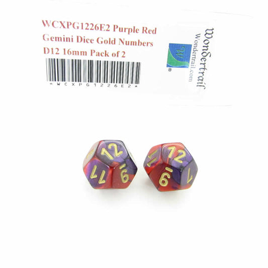 WCXPG1226E2 Purple Red Gemini Dice Gold Numbers D12 16mm Pack of 2 Main Image