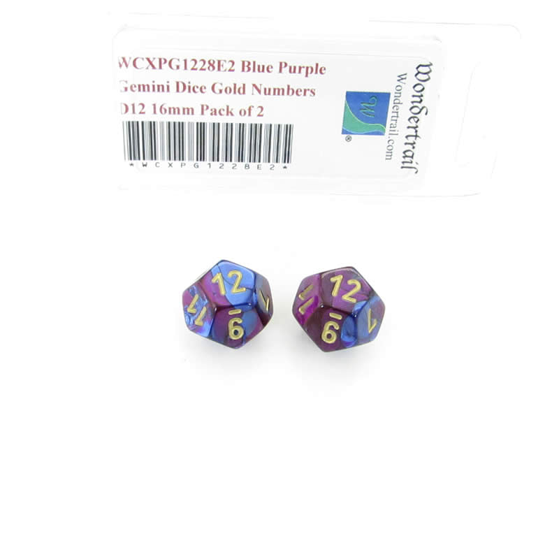 WCXPG1228E2 Blue Purple Gemini Dice Gold Numbers D12 16mm Pack of 2 Main Image