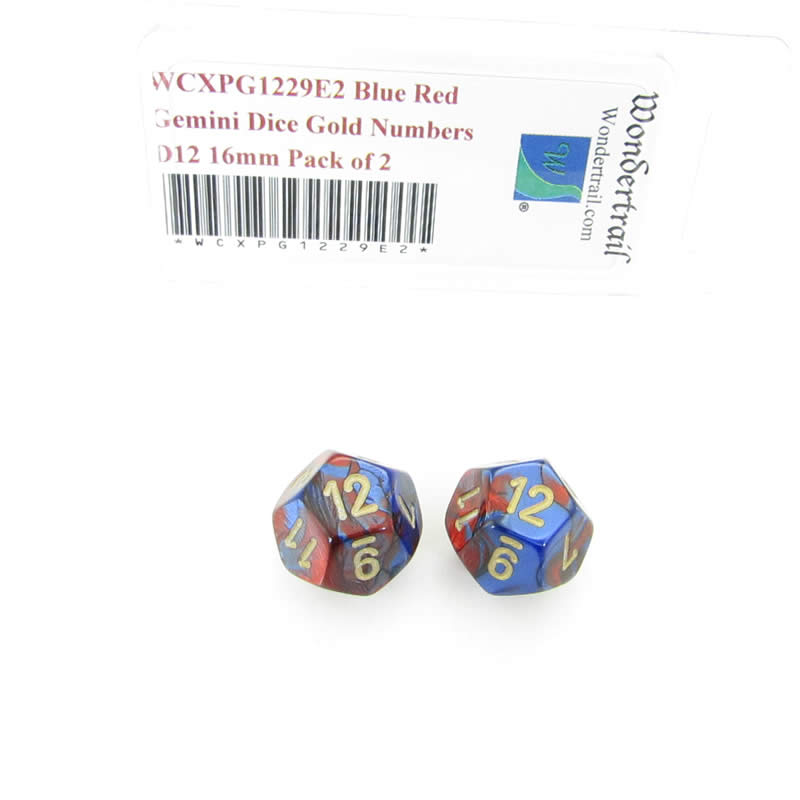 WCXPG1229E2 Blue Red Gemini Dice Gold Numbers D12 16mm Pack of 2 Main Image