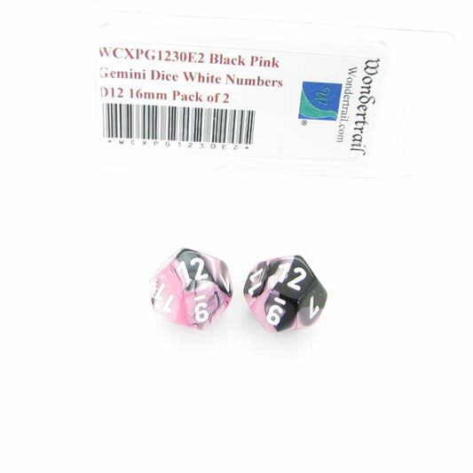 WCXPG1230E2 Black Pink Gemini Dice White Numbers D12 16mm Pack of 2 Main Image