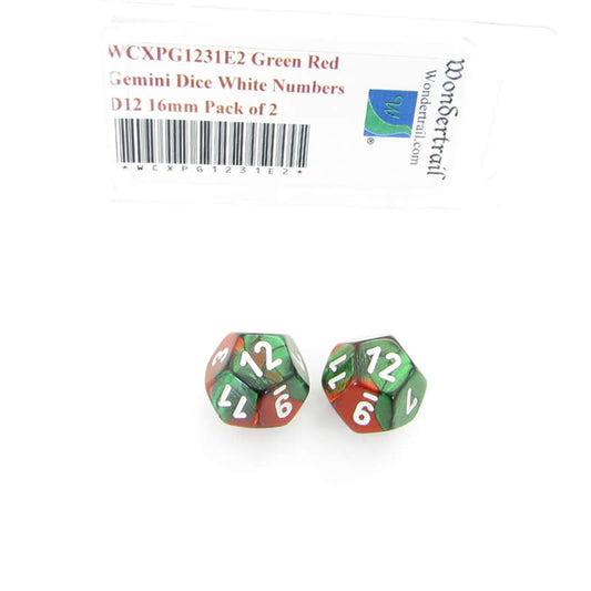 WCXPG1231E2 Green Red Gemini Dice White Numbers D12 16mm Pack of 2 Main Image