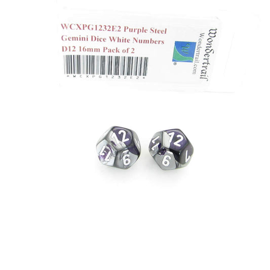 WCXPG1232E2 Purple Steel Gemini Dice White Numbers D12 16mm Pack of 2 Main Image