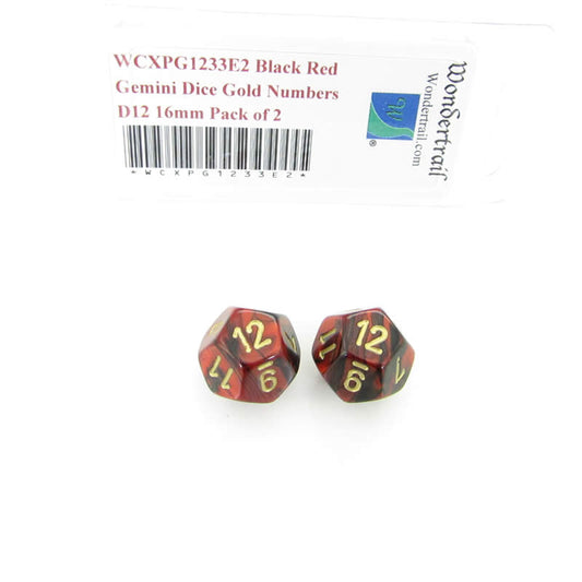 WCXPG1233E2 Black Red Gemini Dice Gold Numbers D12 16mm Pack of 2 Main Image