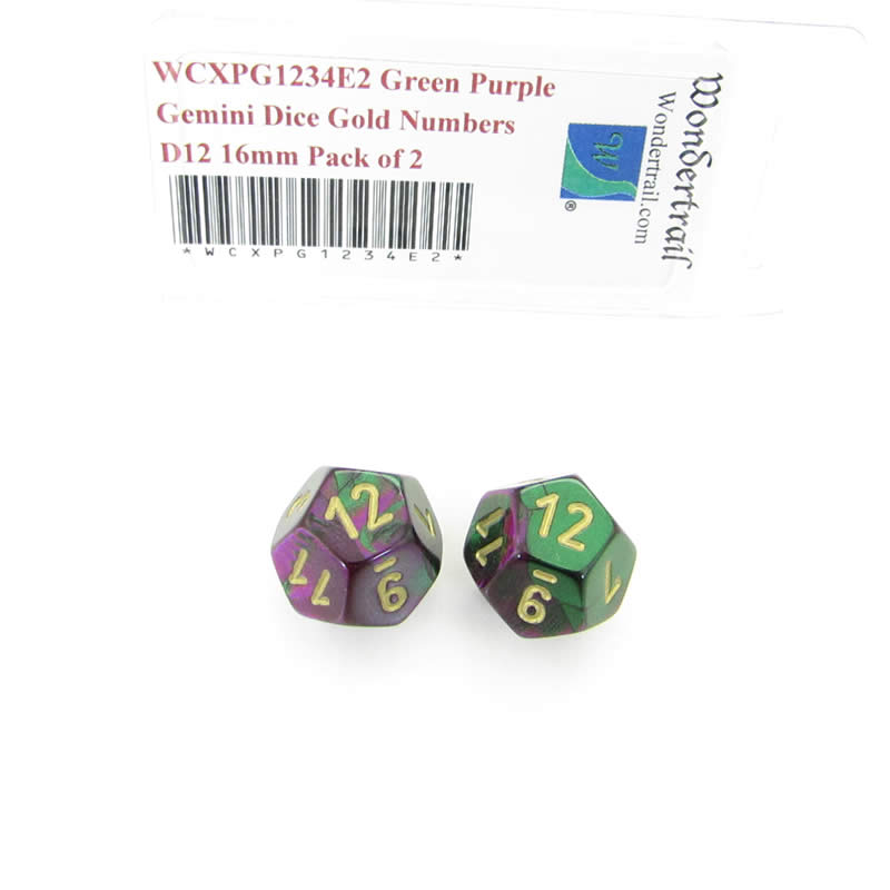 WCXPG1234E2 Green Purple Gemini Dice Gold Numbers D12 16mm Pack of 2 Main Image