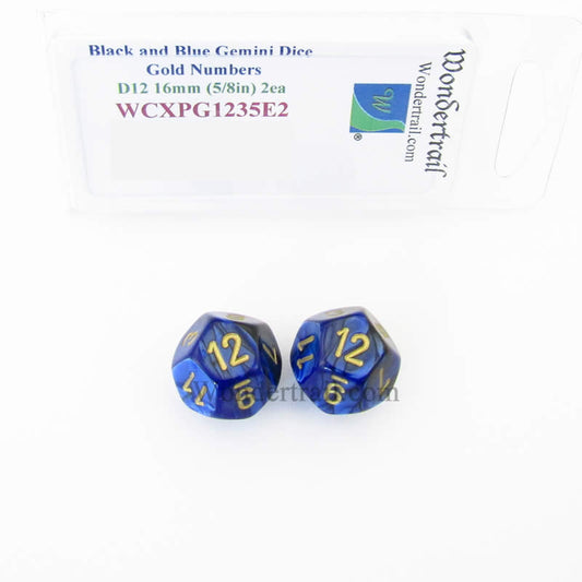 WCXPG1235E2 Black Blue Gemini Dice Gold Numbers D12 16mm Pack of 2 Main Image