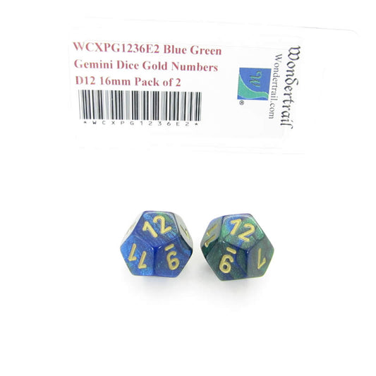 WCXPG1236E2 Blue Green Gemini Dice Gold Numbers D12 16mm Pack of 2 Main Image