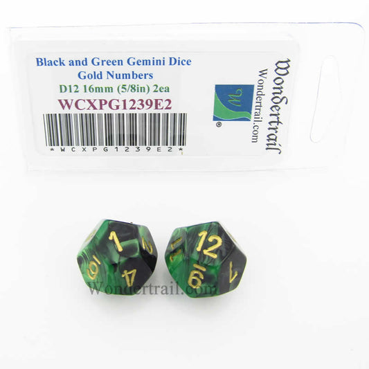 WCXPG1239E2 Black Green Gemini Dice Gold Colored Numbers D12 16mm Pack of 2 Main Image