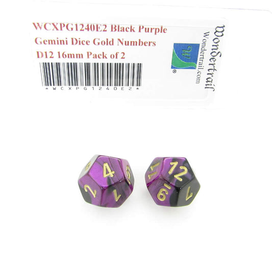 WCXPG1240E2 Black Purple Gemini Dice Gold Numbers D12 16mm Pack of 2 Main Image