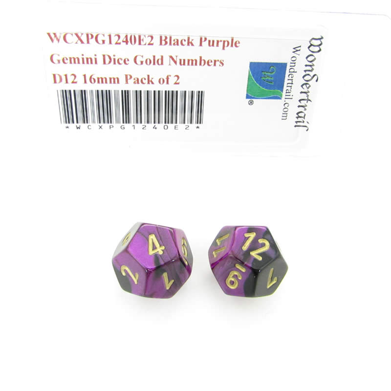 WCXPG1240E2 Black Purple Gemini Dice Gold Numbers D12 16mm Pack of 2 Main Image