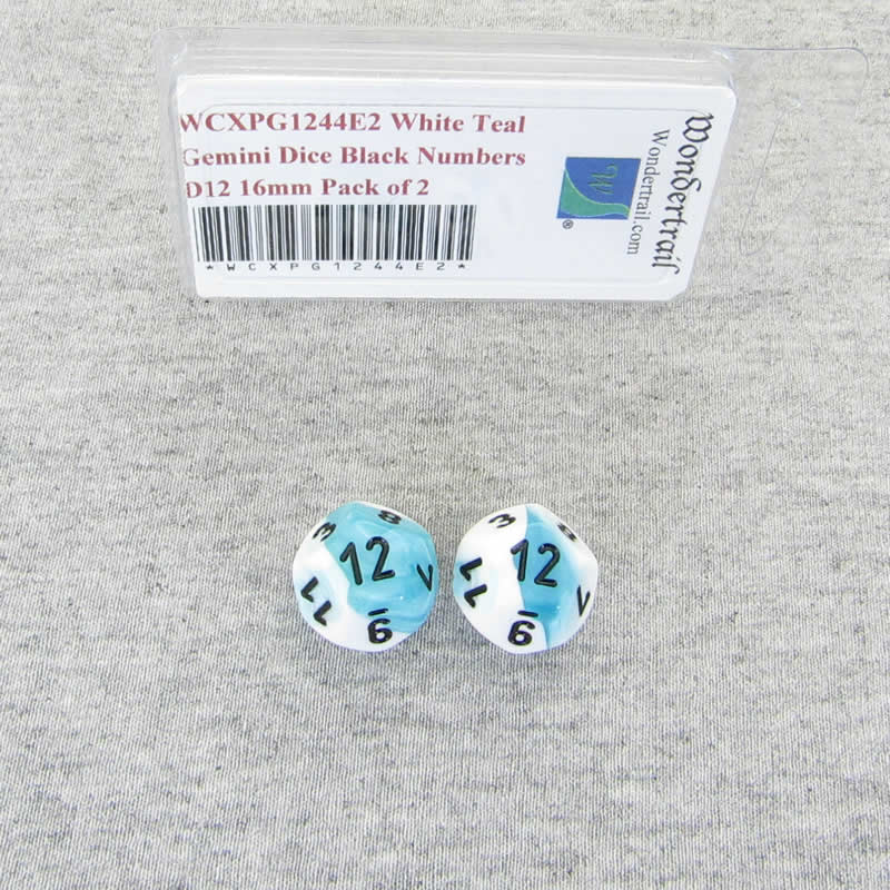 WCXPG1244E2 White Teal Gemini Dice Black Numbers D12 16mm Pack of 2 Main Image