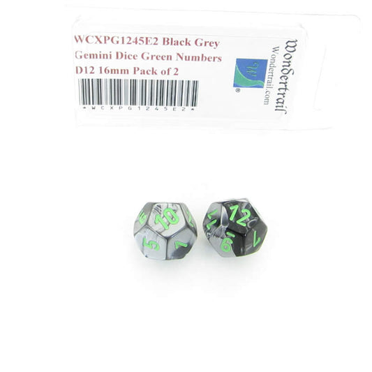WCXPG1245E2 Black Grey Gemini Dice Green Numbers D12 16mm Pack of 2 Main Image