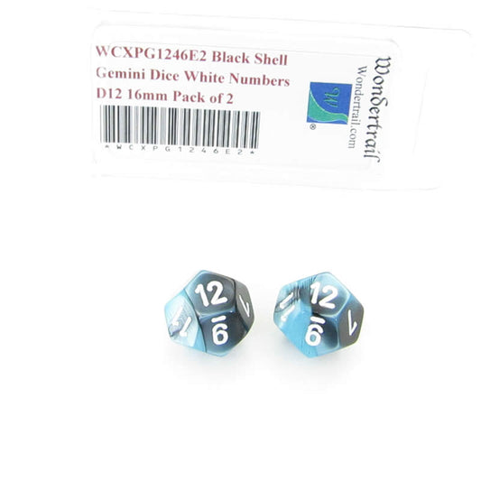 WCXPG1246E2 Black Shell Gemini Dice White Numbers D12 16mm Pack of 2 Main Image