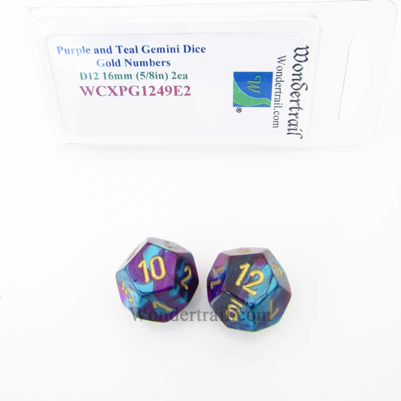 WCXPG1249E2 Purple Teal Gemini Dice Gold Numbers D12 16mm Pack of 2 Main Image