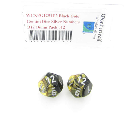 WCXPG1251E2 Black Gold Gemini Dice Silver Numbers D12 16mm Pack of 2 Main Image