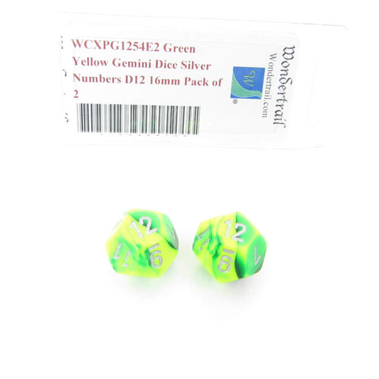 WCXPG1254E2 Green Yellow Gemini Dice Silver Numbers D12 16mm Pack of 2 Main Image