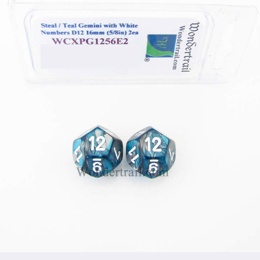 WCXPG1256E2 Steel Teal Gemini Dice White Numbers D12 16mm Pack of 2 Main Image