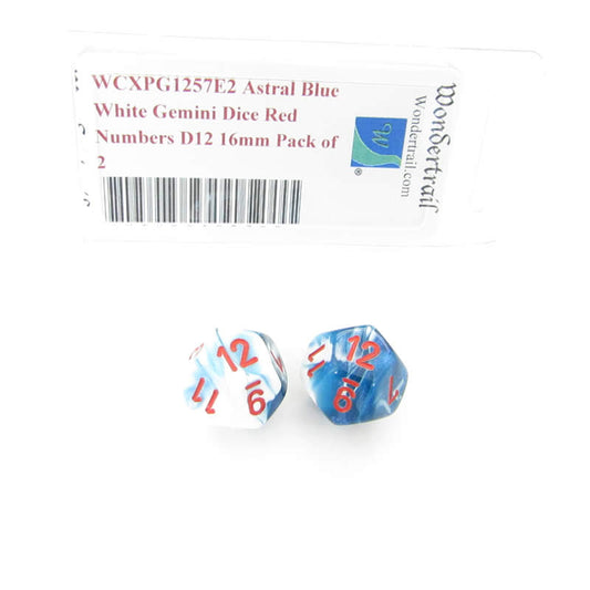 WCXPG1257E2 Astral Blue White Gemini Dice Red Numbers D12 16mm Pack of 2 Main Image