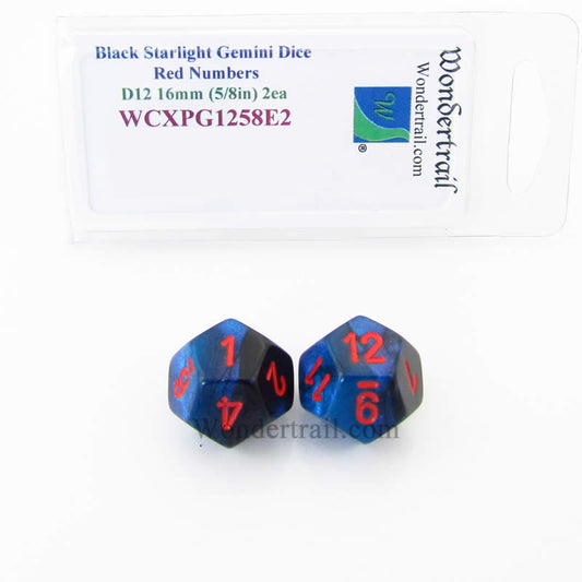 WCXPG1258E2 Black Starlight Gemini Dice Red Numbers D12 16mm Pack of 2 Main Image