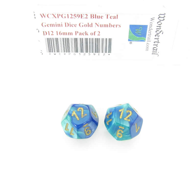 WCXPG1259E2 Blue Teal Gemini Dice Gold Numbers D12 16mm Pack of 2 Main Image