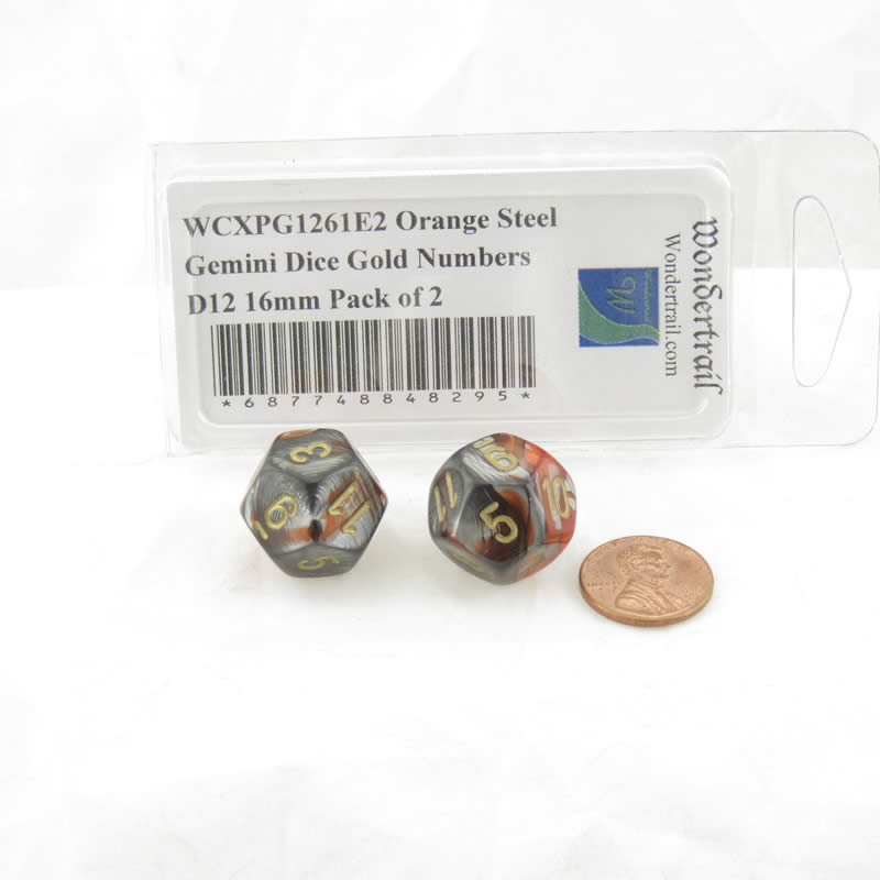 WCXPG1261E2 Orange Steel Gemini Dice Gold Numbers D12 16mm Pack of 2 2nd Image