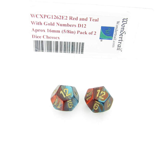 WCXPG1262E2 Red Teal Gemini Dice Gold Numbers D12 16mm Pack of 2 Main Image