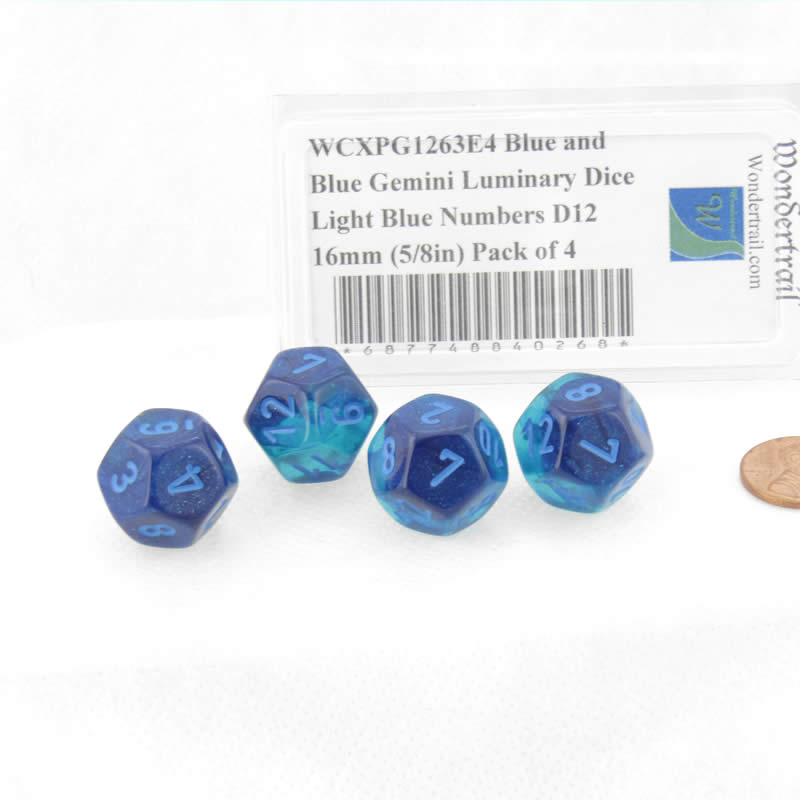 WCXPG1263E4 Blue and Blue Gemini Luminary Dice Light Blue Numbers D12 16mm (5/8in) Pack of 4