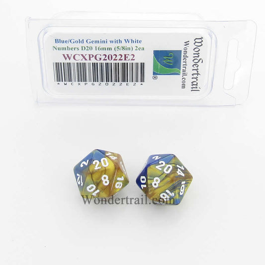 WCXPG2022E2 Blue Gold Gemini Dice White Numbers D20 16mm Pack of 2 Main Image