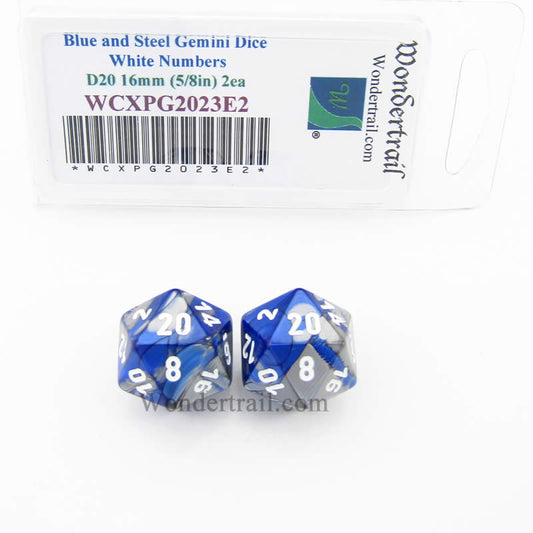 WCXPG2023E2 Blue Steel Gemini Dice White Numbers D20 16mm Pack of 2 Main Image