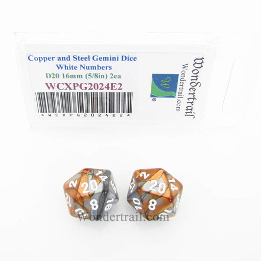 WCXPG2024E2 Copper Steel Gemini Dice White Numbers D20 16mm Pack of 2 Main Image