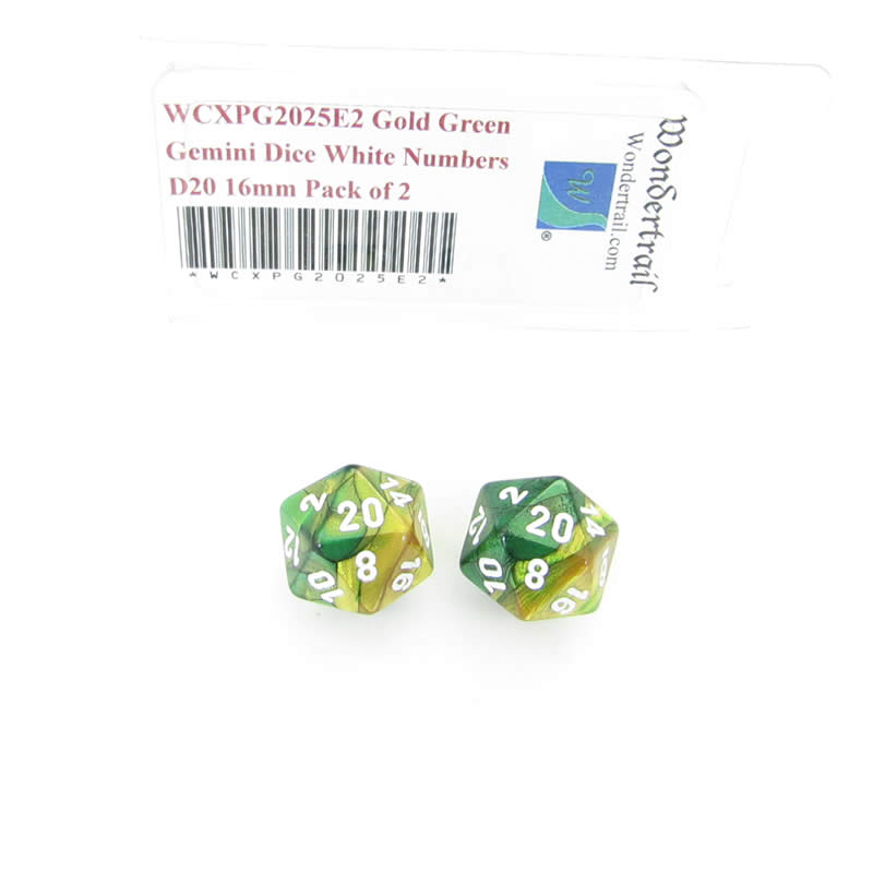 WCXPG2025E2 Gold Green Gemini Dice White Numbers D20 16mm Pack of 2 Main Image