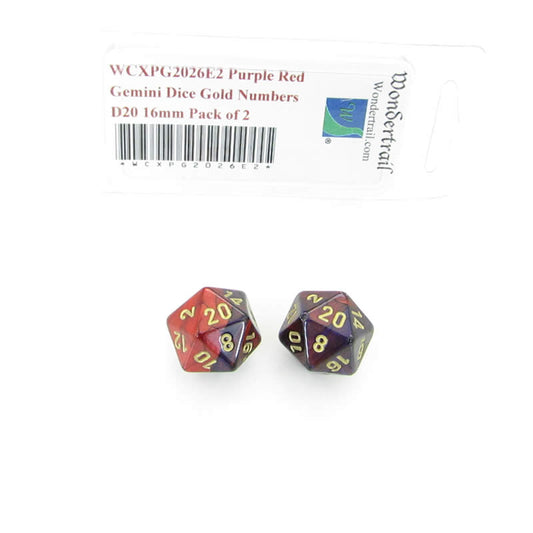 WCXPG2026E2 Purple Red Gemini Dice Gold Numbers D20 16mm Pack of 2 Main Image