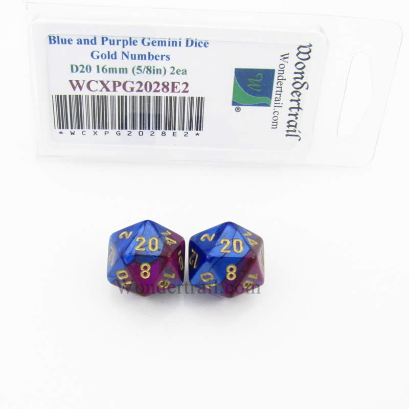 WCXPG2028E2 Blue Purple Gemini Dice Gold Numbers D20 16mm Pack of 2 Main Image