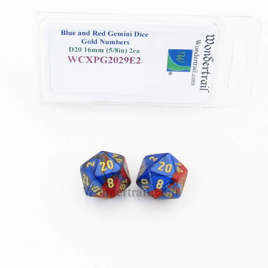 WCXPG2029E2 Blue Red Gemini Dice Gold Numbers D20 16mm Pack of 2 Main Image