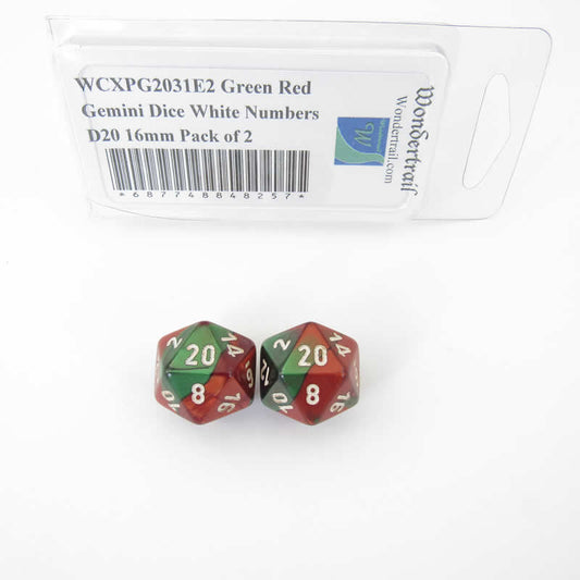 WCXPG2031E2 Green Red Gemini Dice White Numbers D20 16mm Pack of 2 Main Image