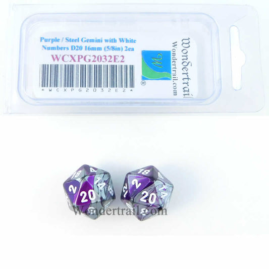 WCXPG2032E2 Purple Steel Gemini Dice White Numbers D20 16mm Pack of 2 Main Image