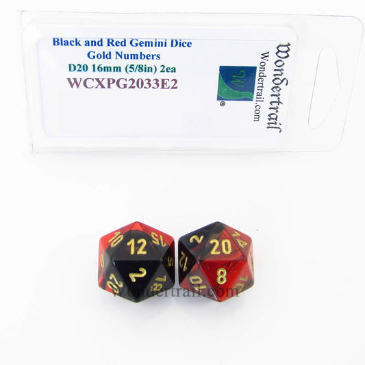 WCXPG2033E2 Black Red Gemini Dice Gold Numbers D20 16mm Pack of 2 Main Image
