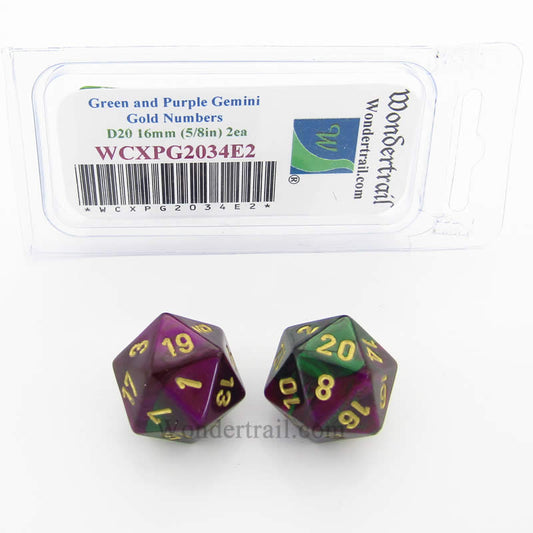 WCXPG2034E2 Green Purple Gemini Dice Gold Numbers D20 16mm Pack of 2 Main Image