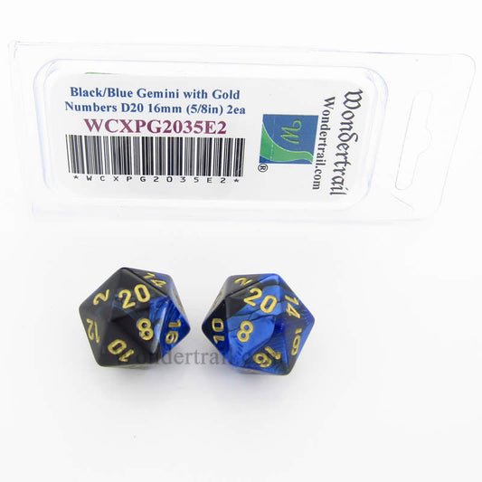 WCXPG2035E2 Black Blue Gemini Dice Gold Numbers D20 16mm Pack of 2 Main Image