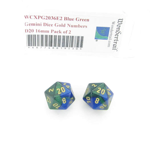 WCXPG2036E2 Blue Green Gemini Dice Gold Numbers D20 16mm Pack of 2 Main Image