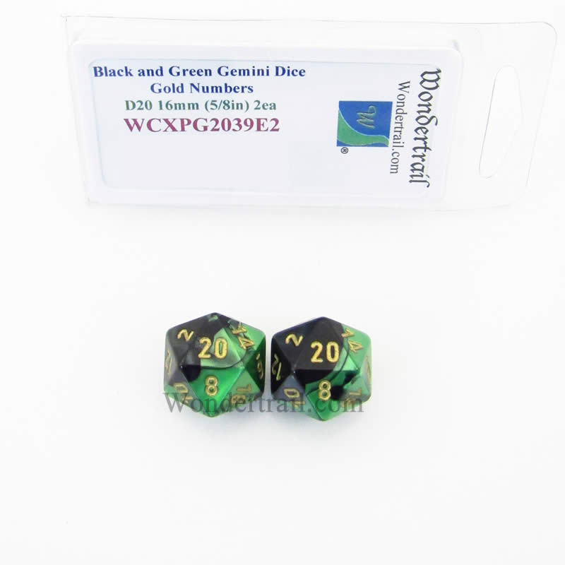 WCXPG2039E2 Black Green Gemini Dice Gold Numbers D20 16mm Pack of 2 Main Image